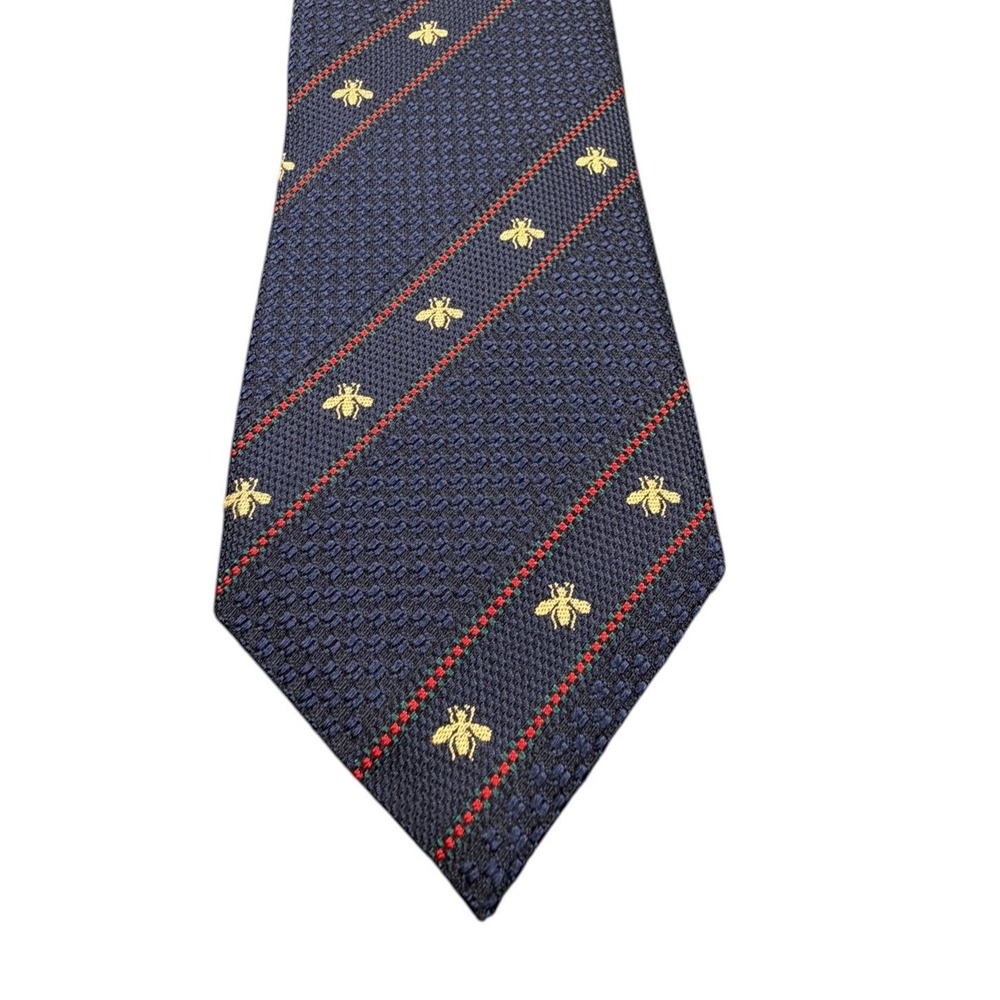 Gucci Men Tie Bee Web Stripe Silk Navy Gold Red Green Italy Designer 59 in